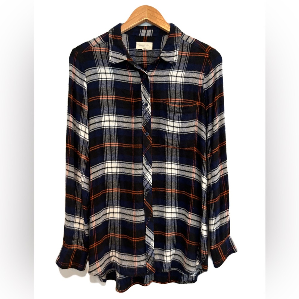Melloday Navy and Orange Plaid Long Sleeve Button Down Soft Cozy Rayon Size M